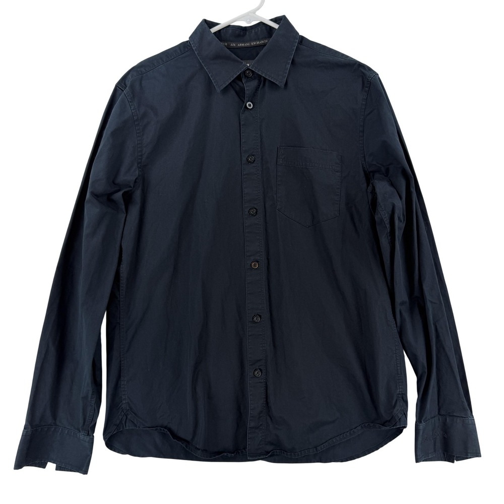Armani Exchange Shirt Mens Large Black Solid Long Sleeve Button Up Pocket Casual